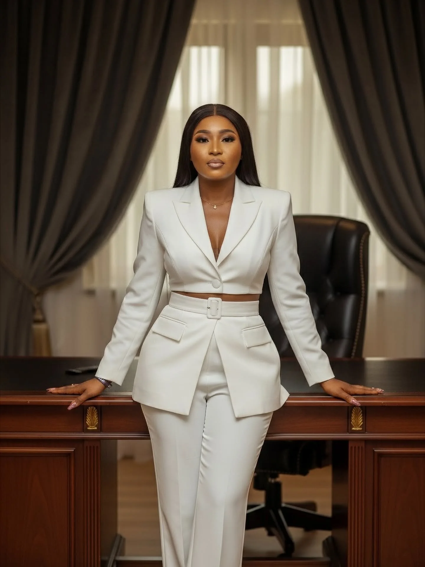 Stella Bangura wearing a white suit